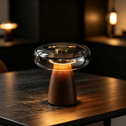 Mid-Century Modern Dome Table Lamp - Smoked Glass Shade & Walnut Base, AC 5W LED 3CET, High CRI97, Button Switch, Small Reading Desk Lamp