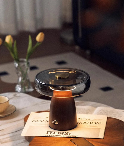 Mid-Century Modern Dome Table Lamp - Smoked Glass Shade & Walnut Base, AC 5W LED 3CET, High CRI97, Button Switch, Small Reading Desk Lamp