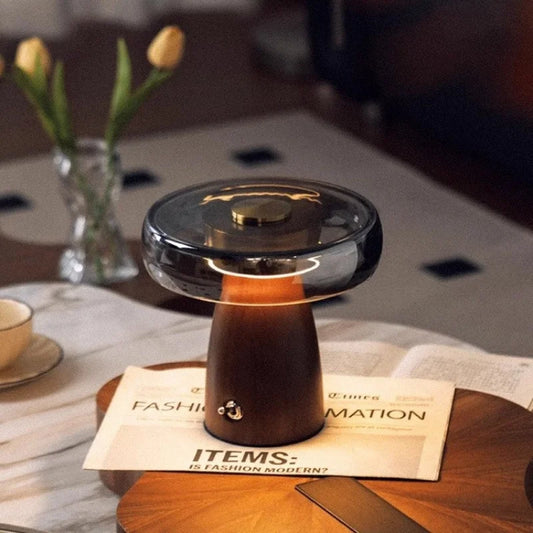 Mid-Century Modern Dome Table Lamp-Smoked Glass Shade & Walnut Base AC 5W LED 3CET High CRI97 Button Switch