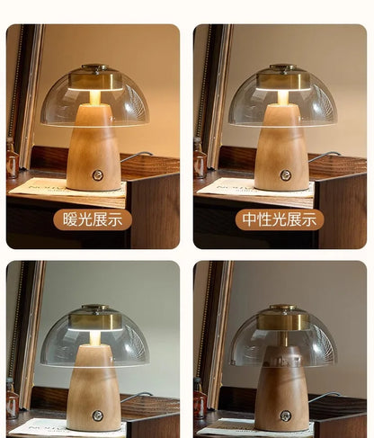 Mid-Century Modern Dome Table Lamp - Smoked Glass Shade & Walnut Base, AC 5W LED 3CET, High CRI97, Button Switch, Small Reading Desk Lamp