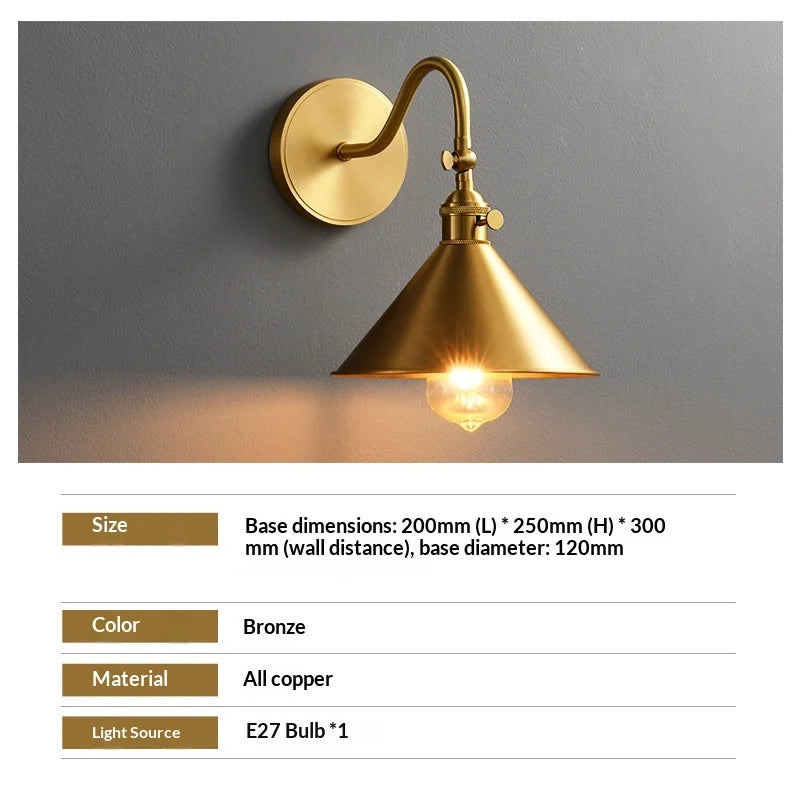 American Light Luxury Brass LED Wall Lamp Modern Design Bedside and Bathroom Use 220V